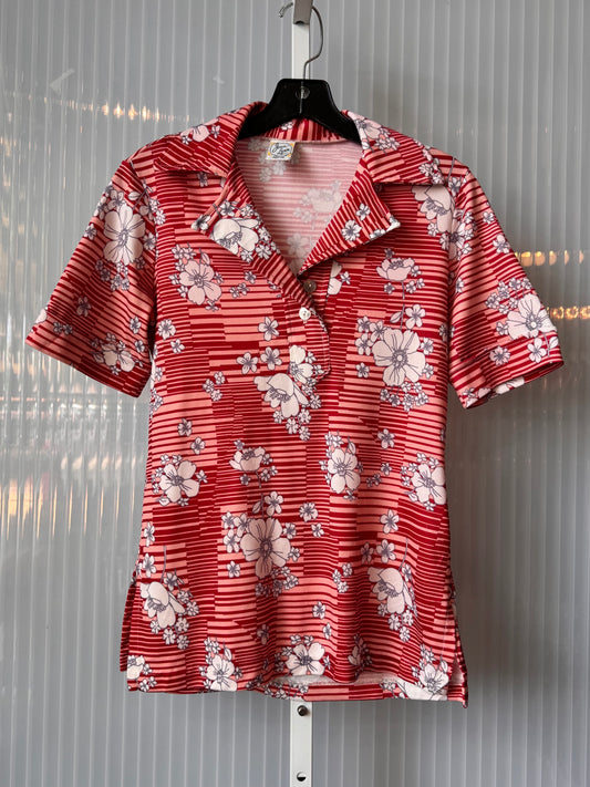 1970s Red Pink & White Floral Point Collar Shirt