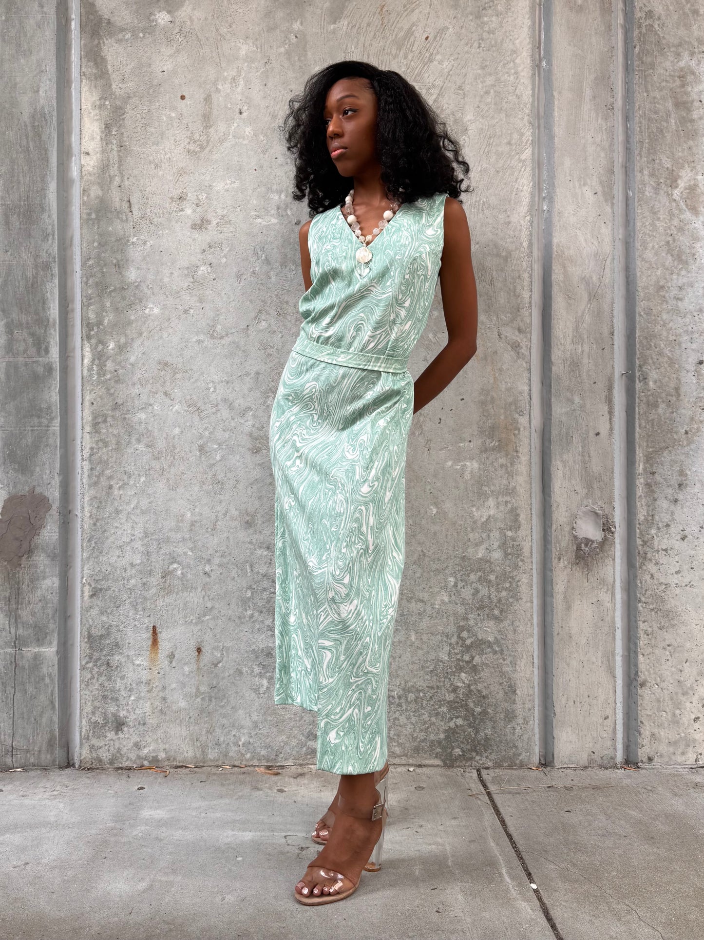 1970s Marbled Teal Dress & Wrap Jacket Set