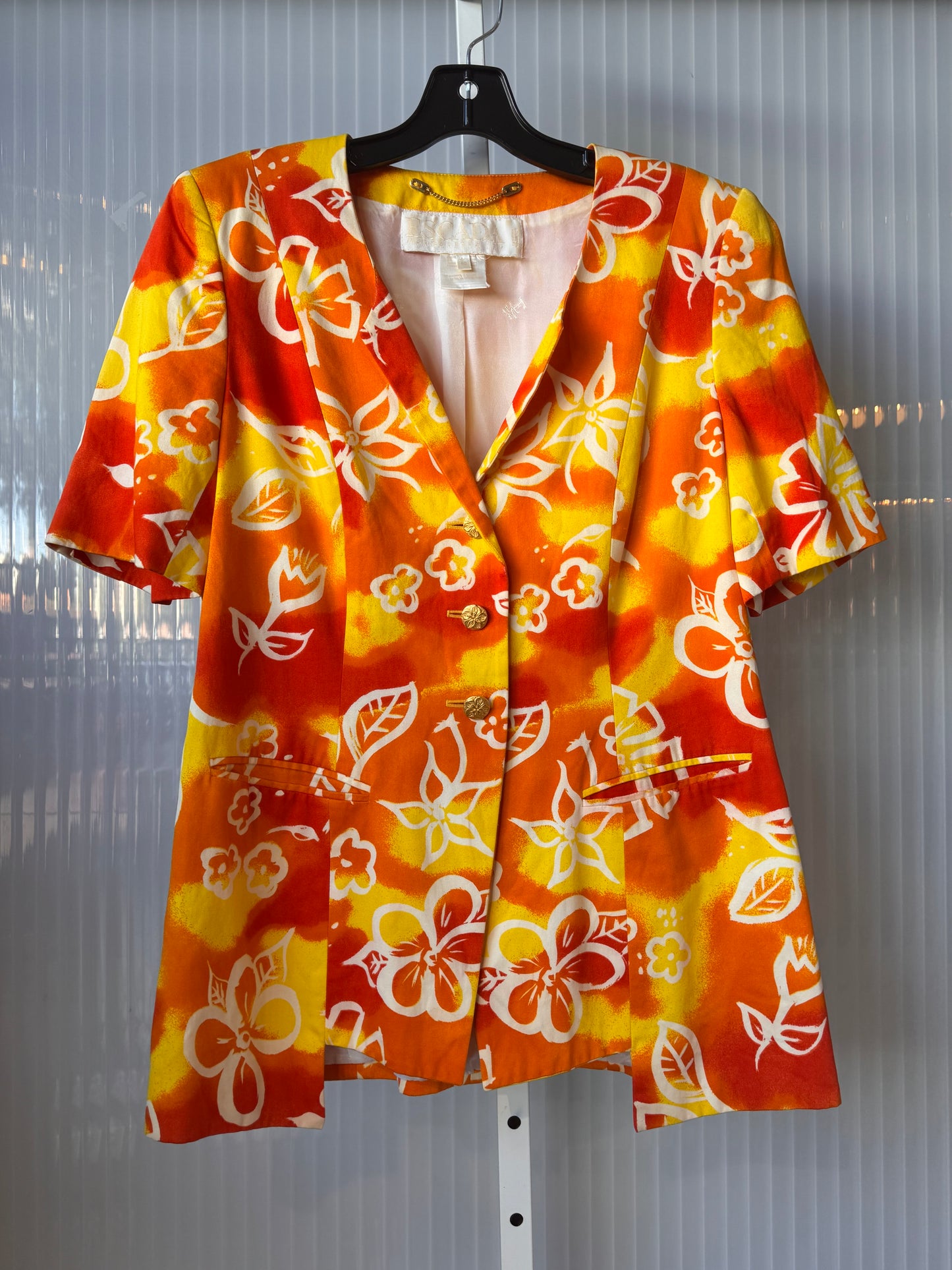 1990s Yellow and Orange Floral Print Blazer w/ Gold Buttons