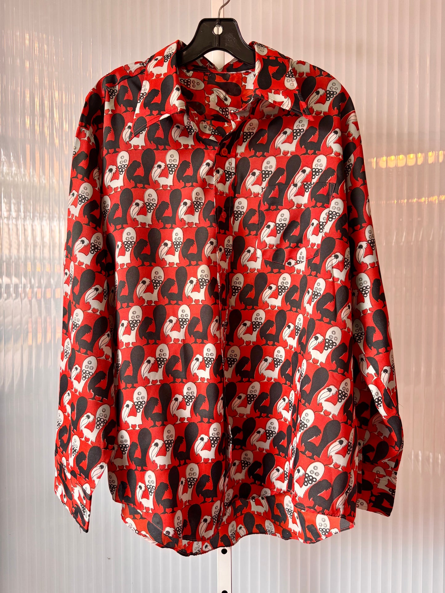 1970s Red & Black Bird Patterned Point Collar Shirt