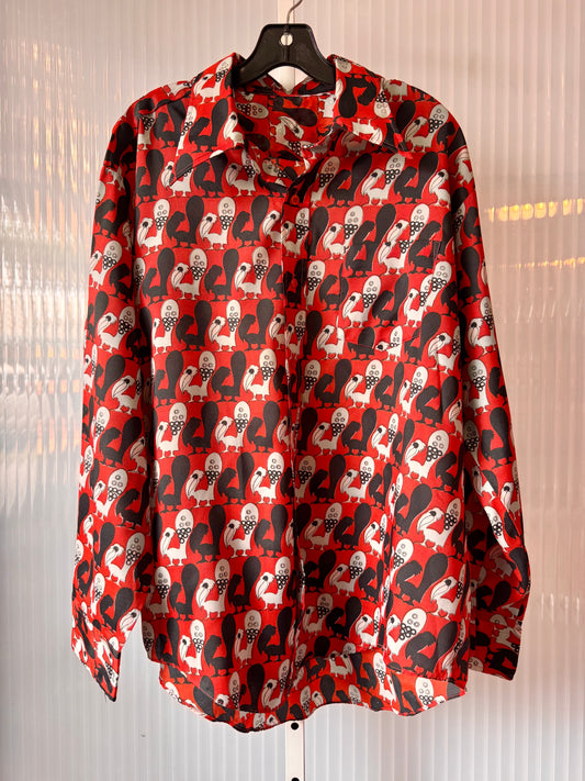 1970s Red & Black Bird Patterned Point Collar Shirt