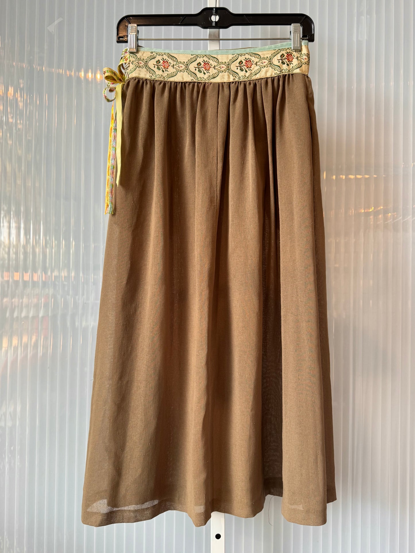 1970s Olive Green Hippie Skirt with Floral Ribbon