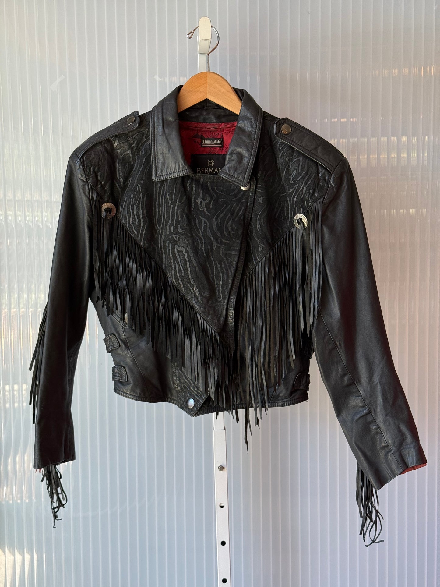 1980s Black Zebra Print Fringe Tapered Leather Jacket