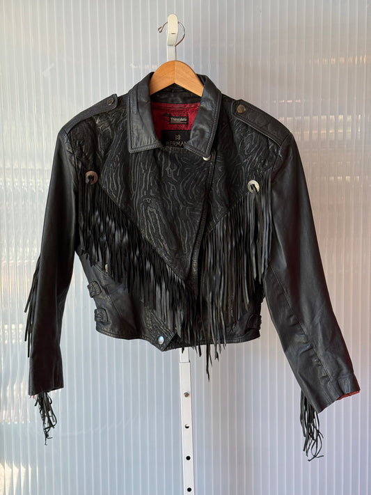 1980s Black Zebra Print Fringe Tapered Leather Jacket