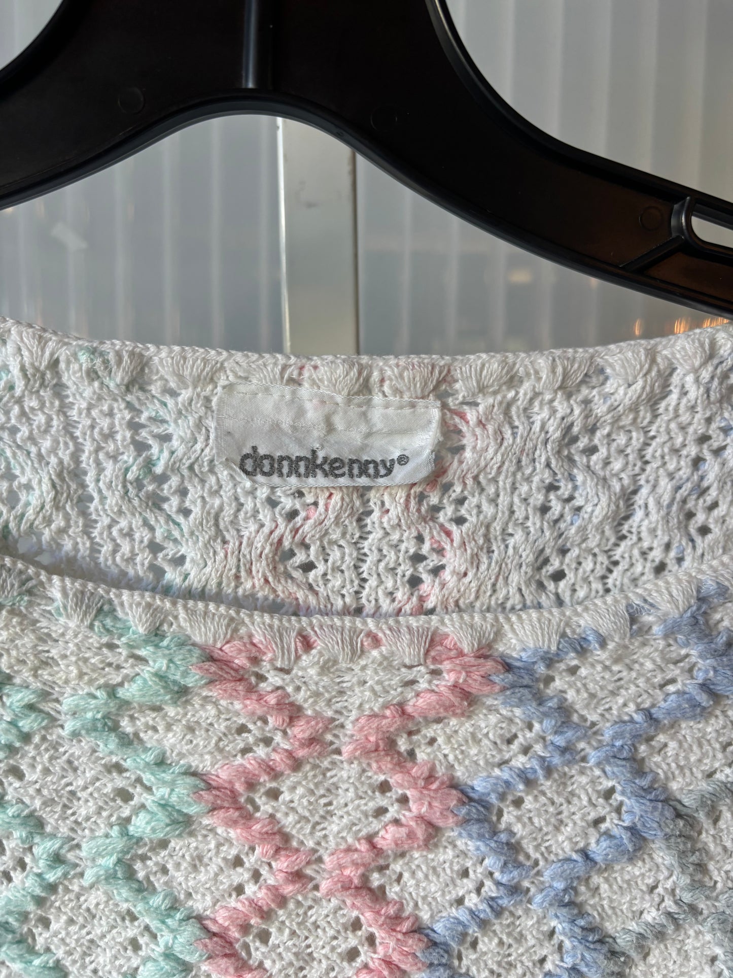 1970s Pastel & White Crochet Short Sleeve Sweater