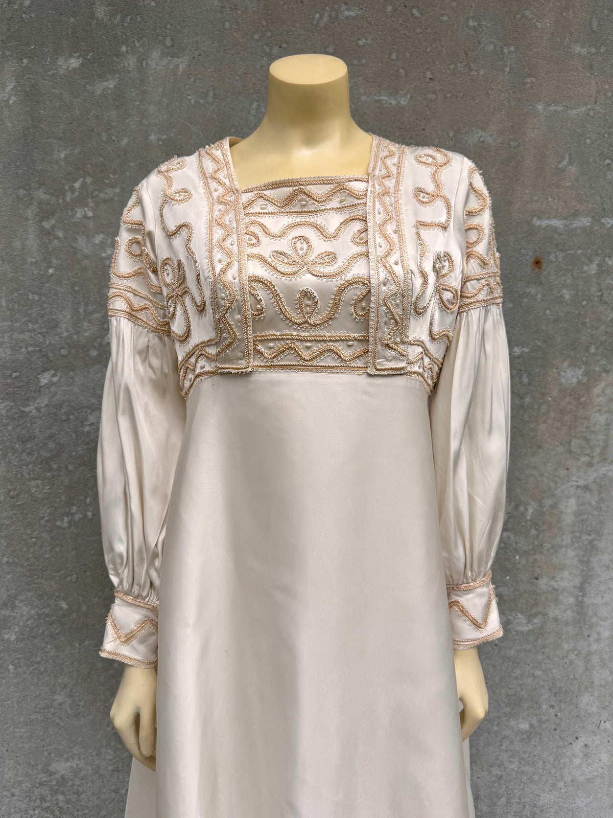 1970s Cream Wedding Dress with Tan Embroidery