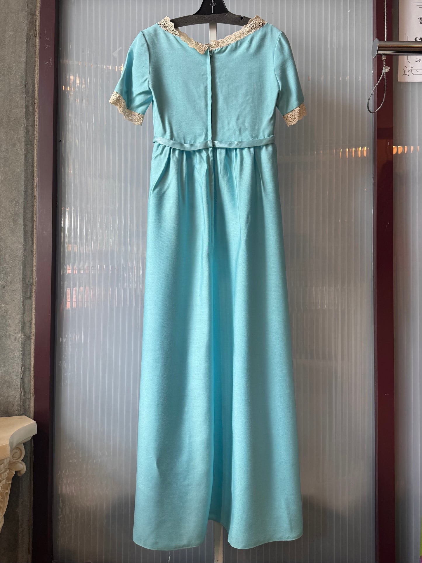 1960s Robins-Egg-Blue Empire-Waist Dress with Lace Trim