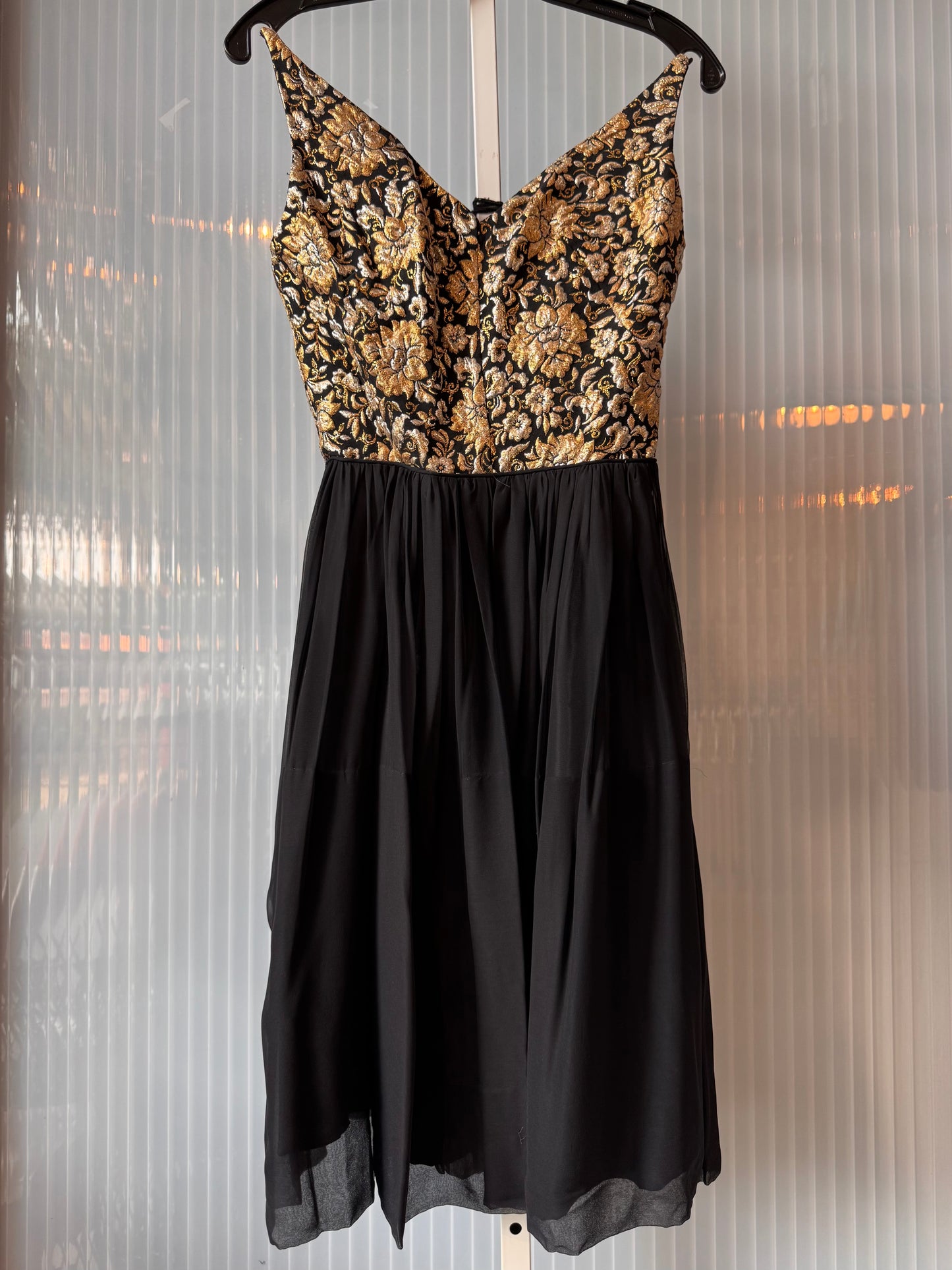 1950s Gold Embroidered Black Flared Cocktail Dress