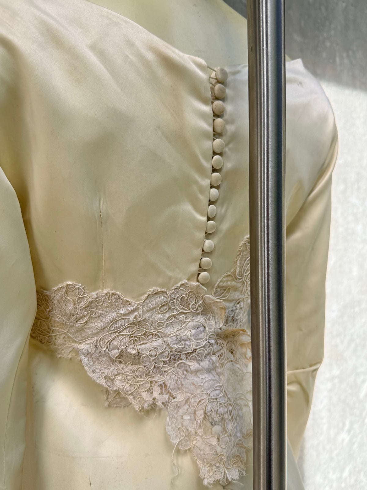 Late 1960s / Early 1970s Cream Satin & Lace Wedding Dress