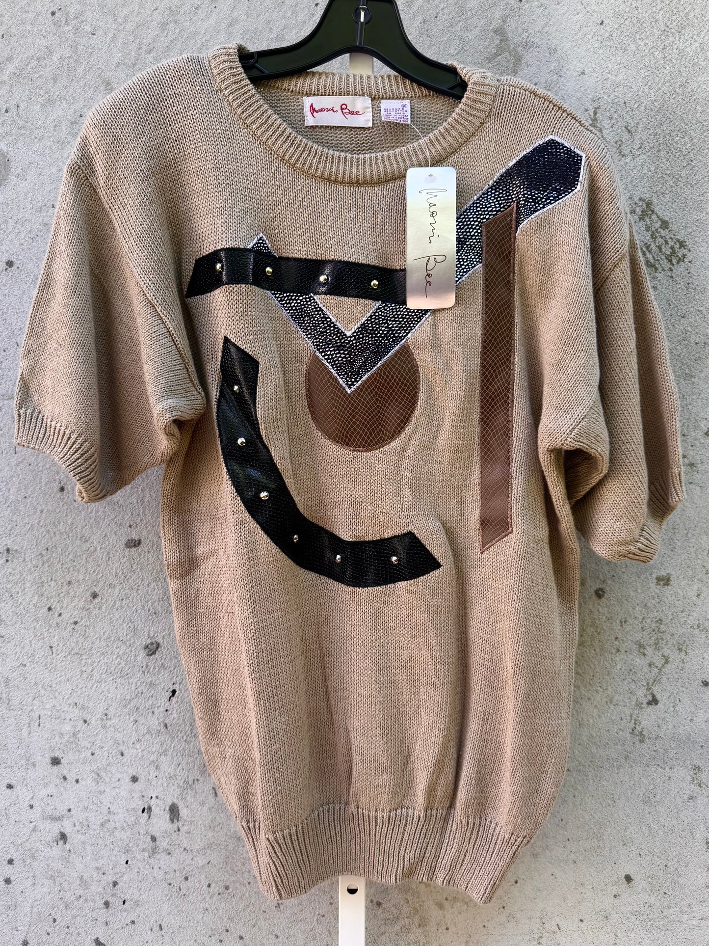 1980s Tan Knit Sweater Top with Metallic Graphics