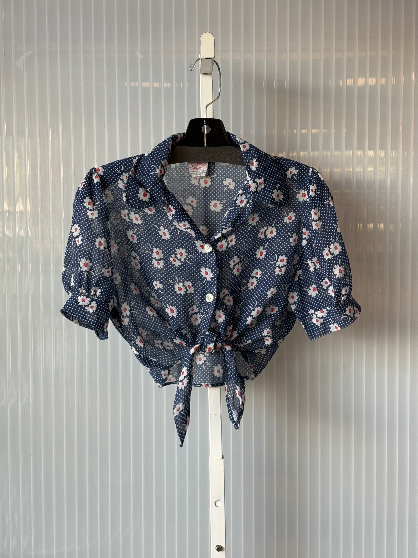 1970s Blue & White Floral Cropped Tie-Front Blouse
