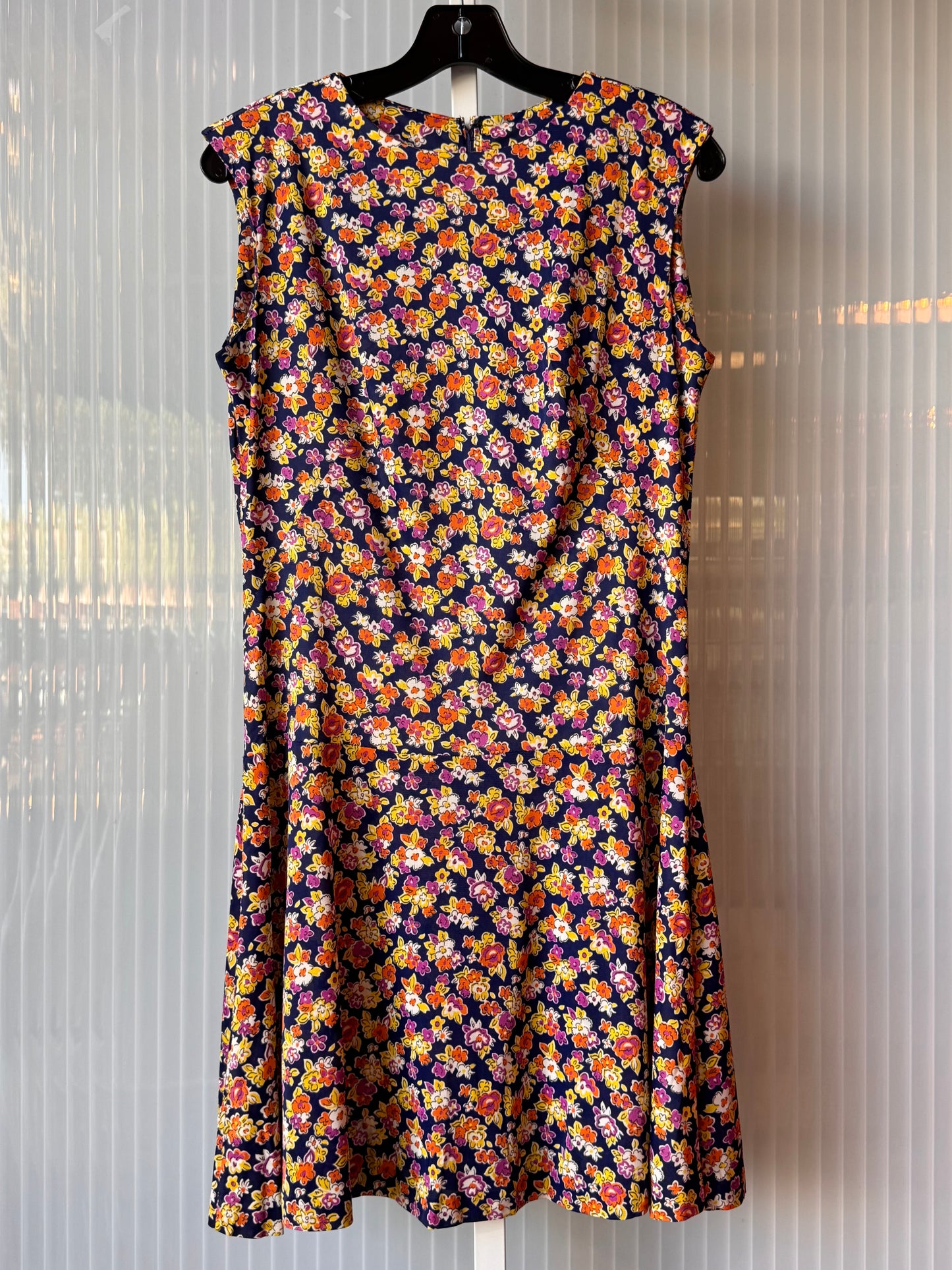 1960s Navy & Beige Floral Sleeveless Dress