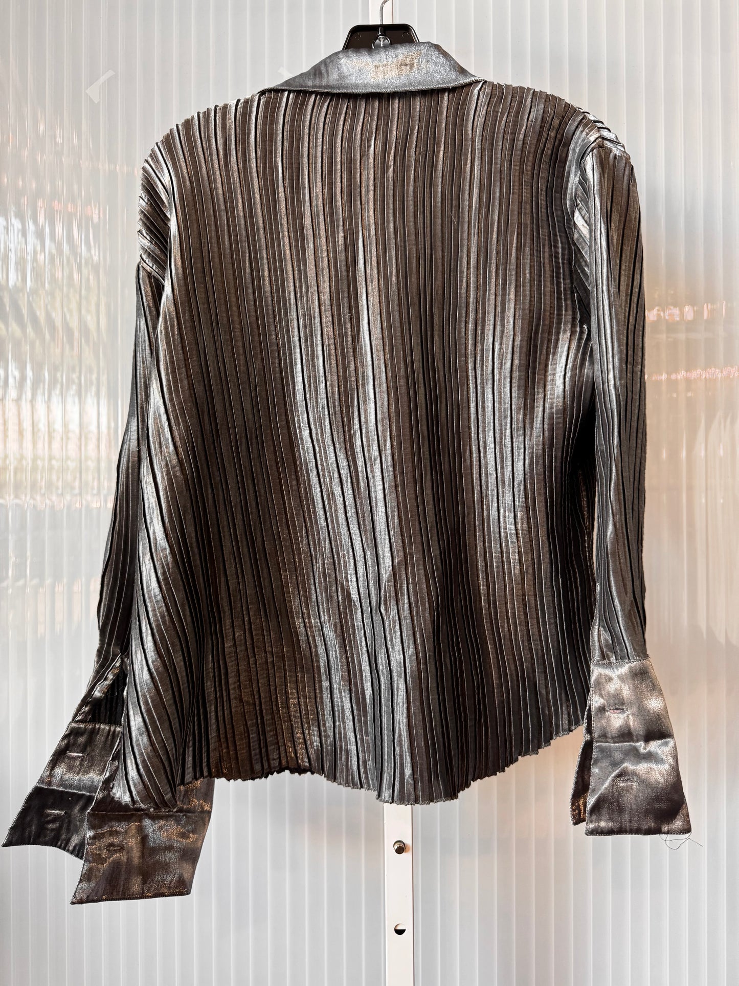 1980s Pleated Gunmetal Silver Button Up Shirt