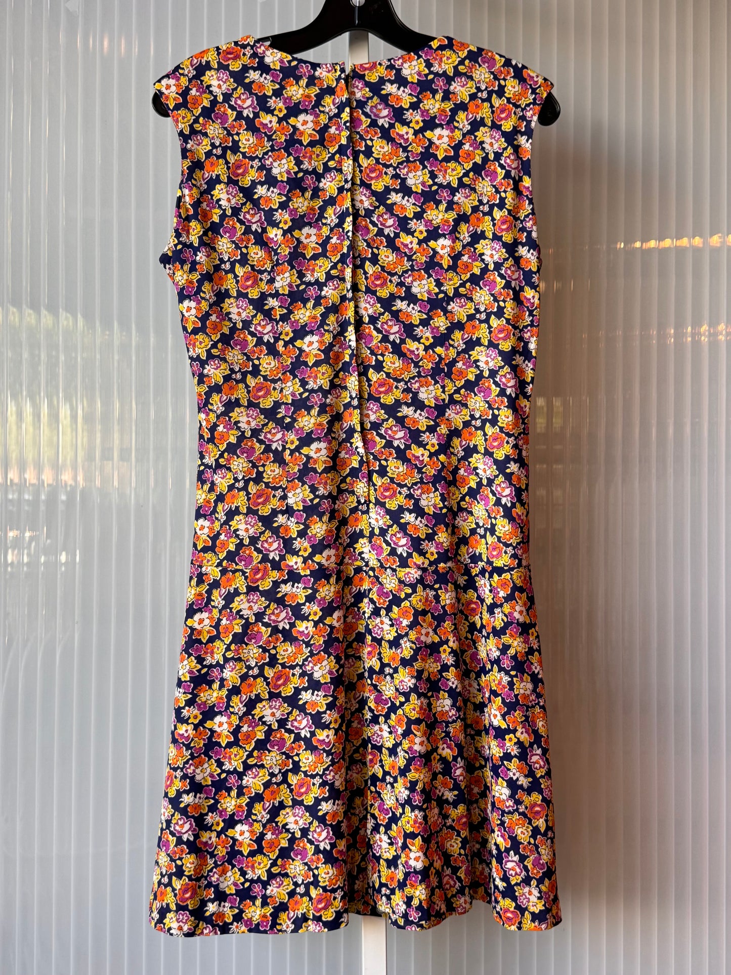 1960s Navy & Beige Floral Sleeveless Dress