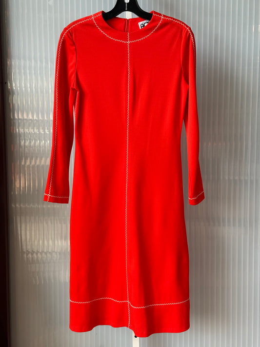 1970s Long Sleeve Red Dress w/ White Rik Rak Stitch