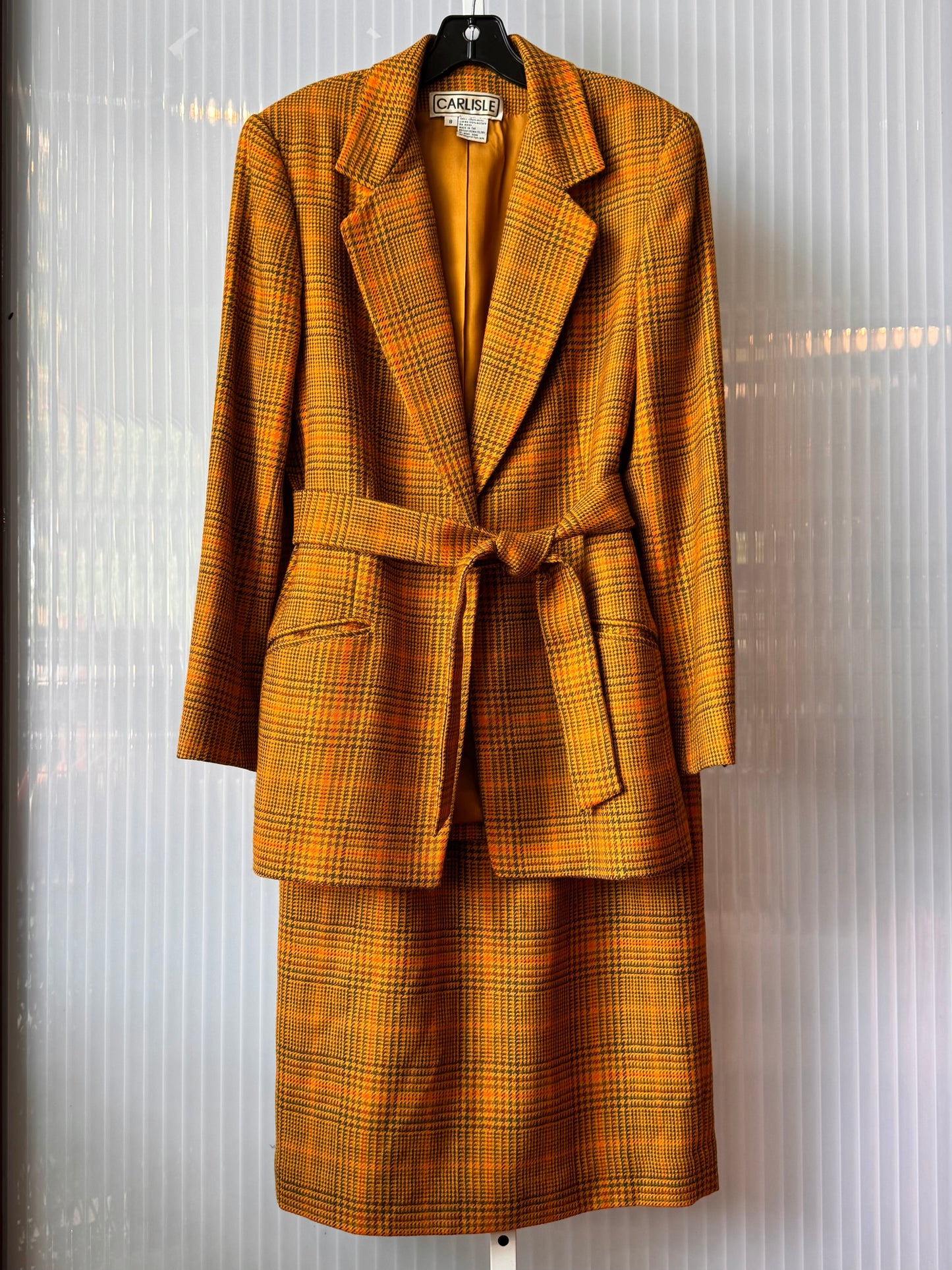 1980s Mustard Yellow Glencheck-Plaid Jacket & Skirt Suit Set