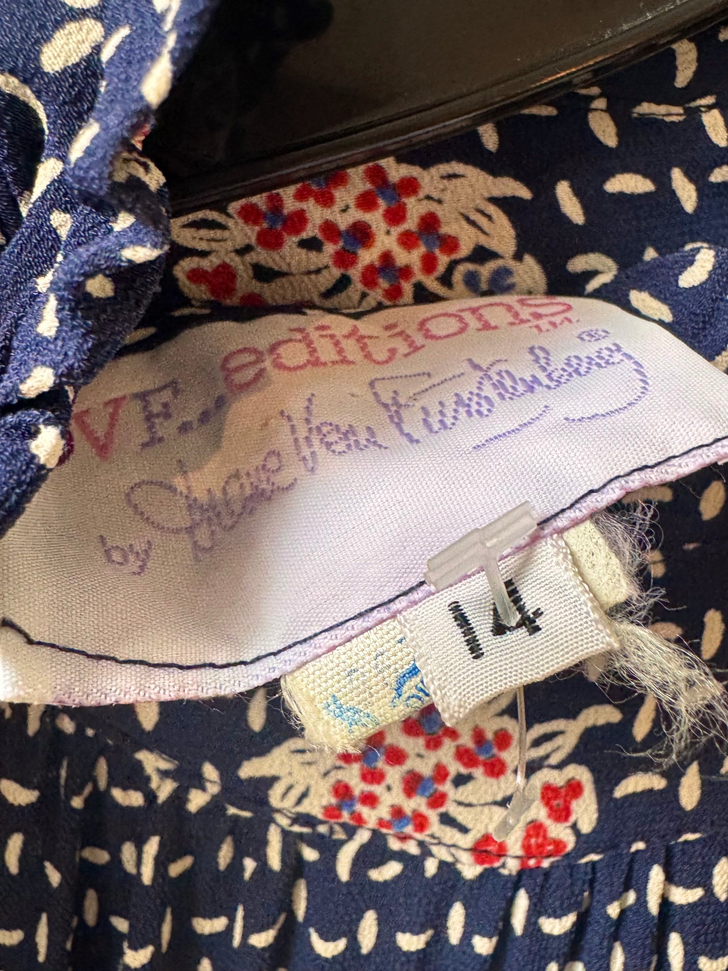 1980s Diane Von Furstenburg Navy Blue & White Floral Dress