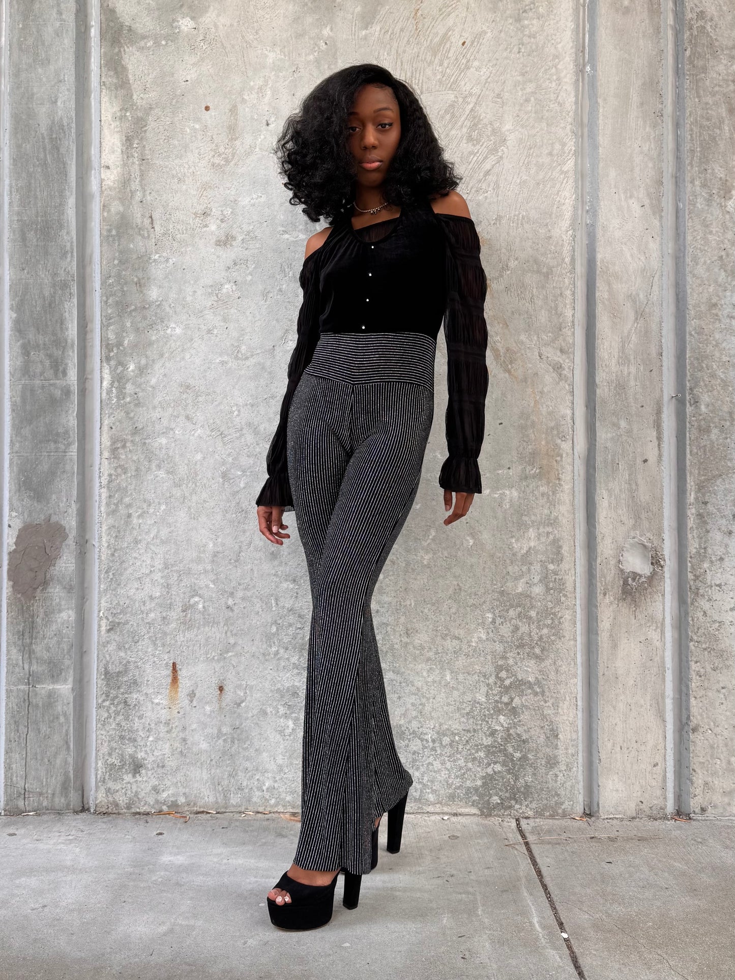 1970s Black Velvet & Silver Pinstripe Disco Jumpsuit