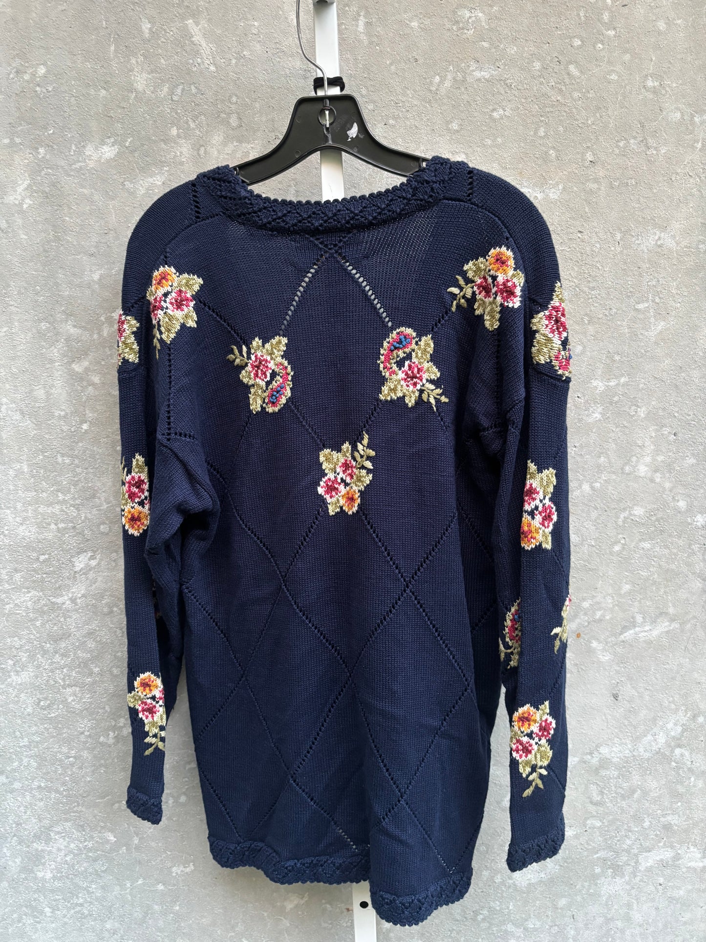 1990s Navy Knit Cardigan with Floral Pattern