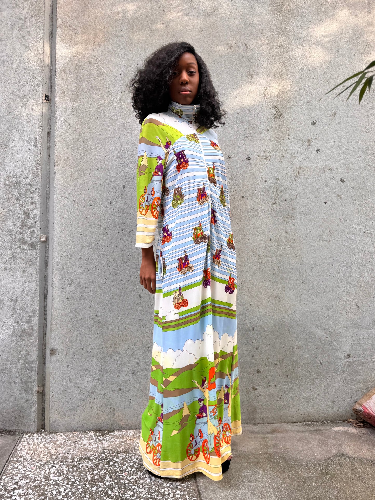1970s Blue & Green Carriage Print Zip Dress