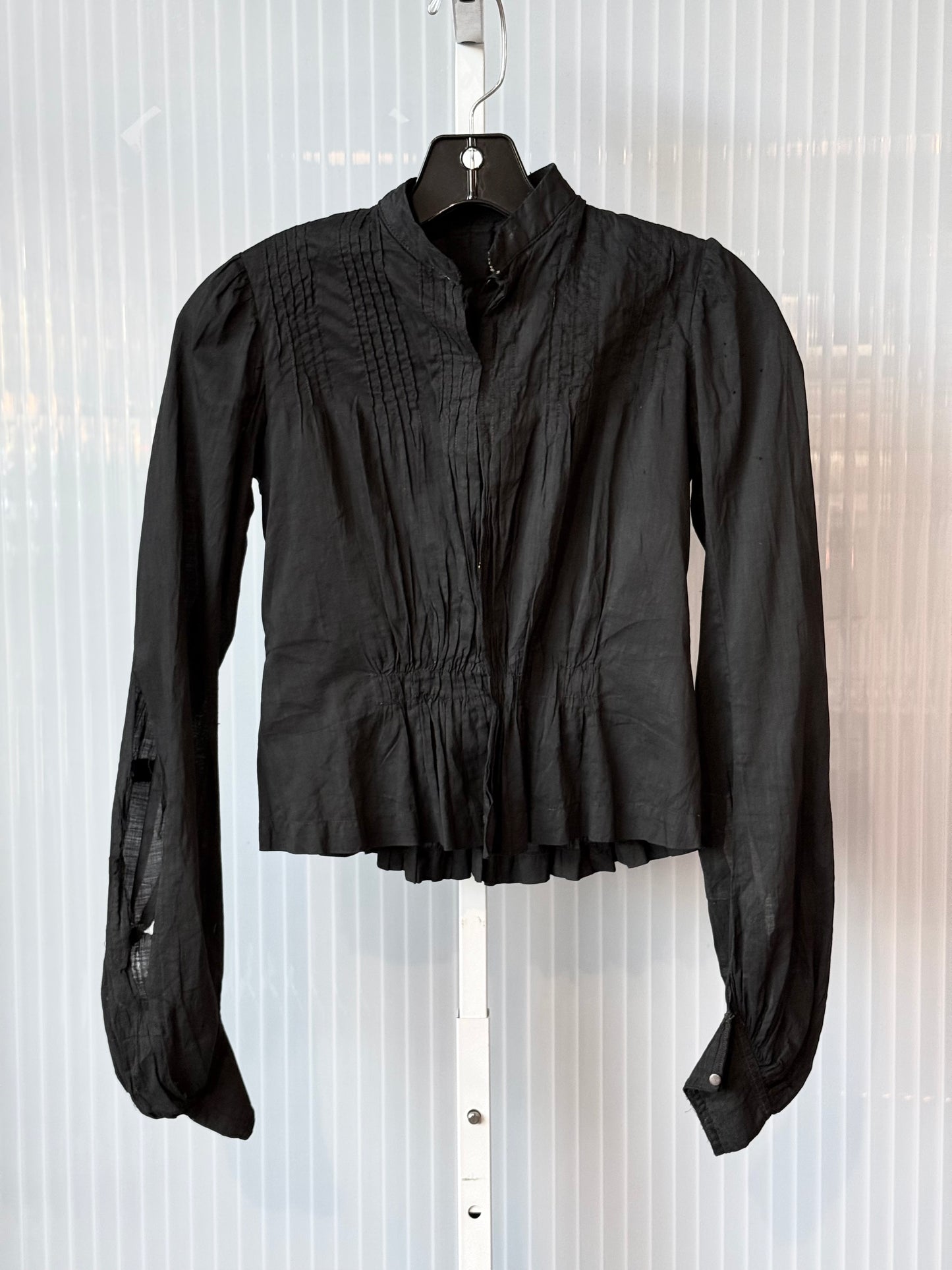 Victorian Black Pleated Long-Sleeve Blouse