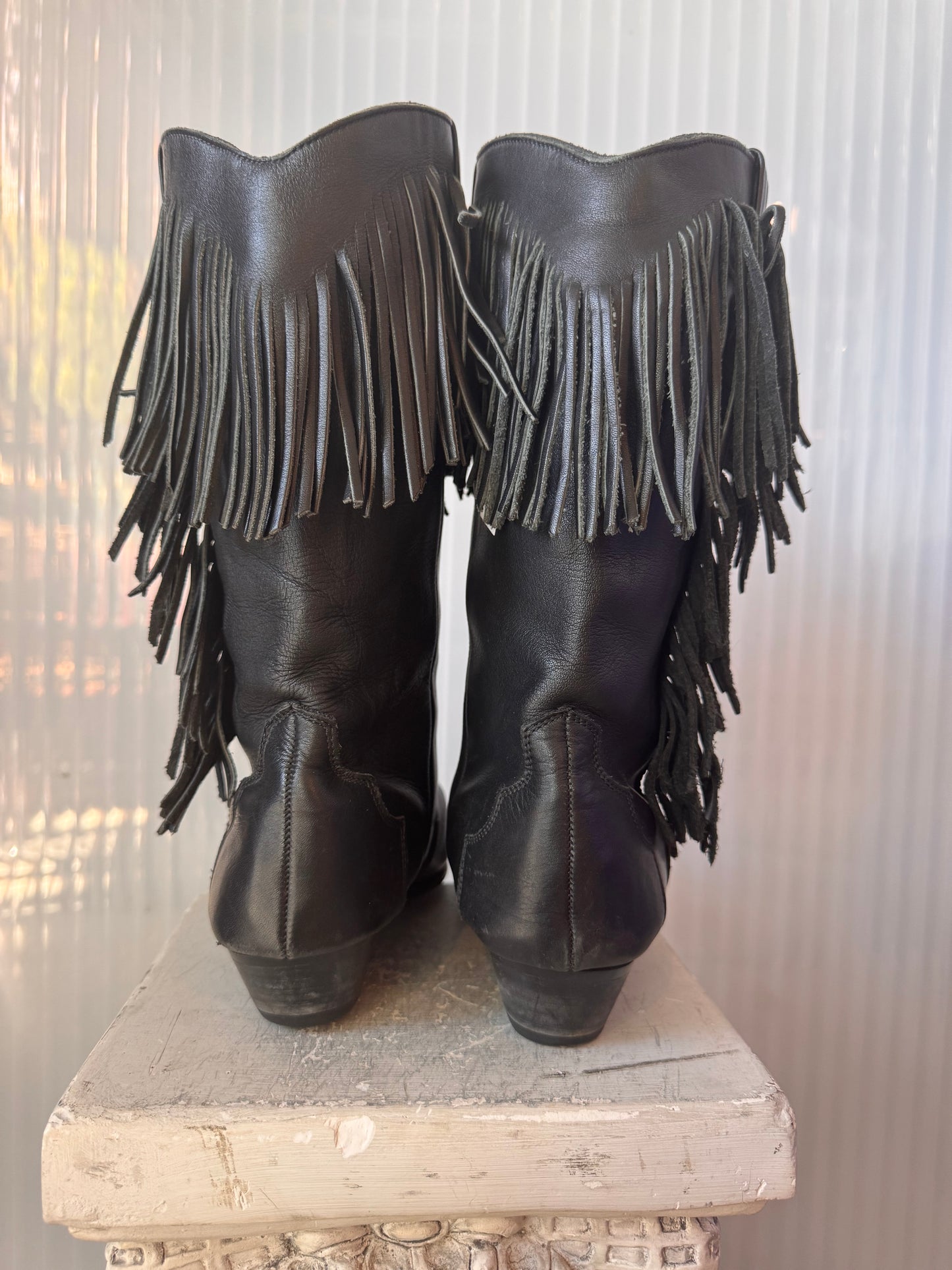 Black Fringe Leather Boots Size 10