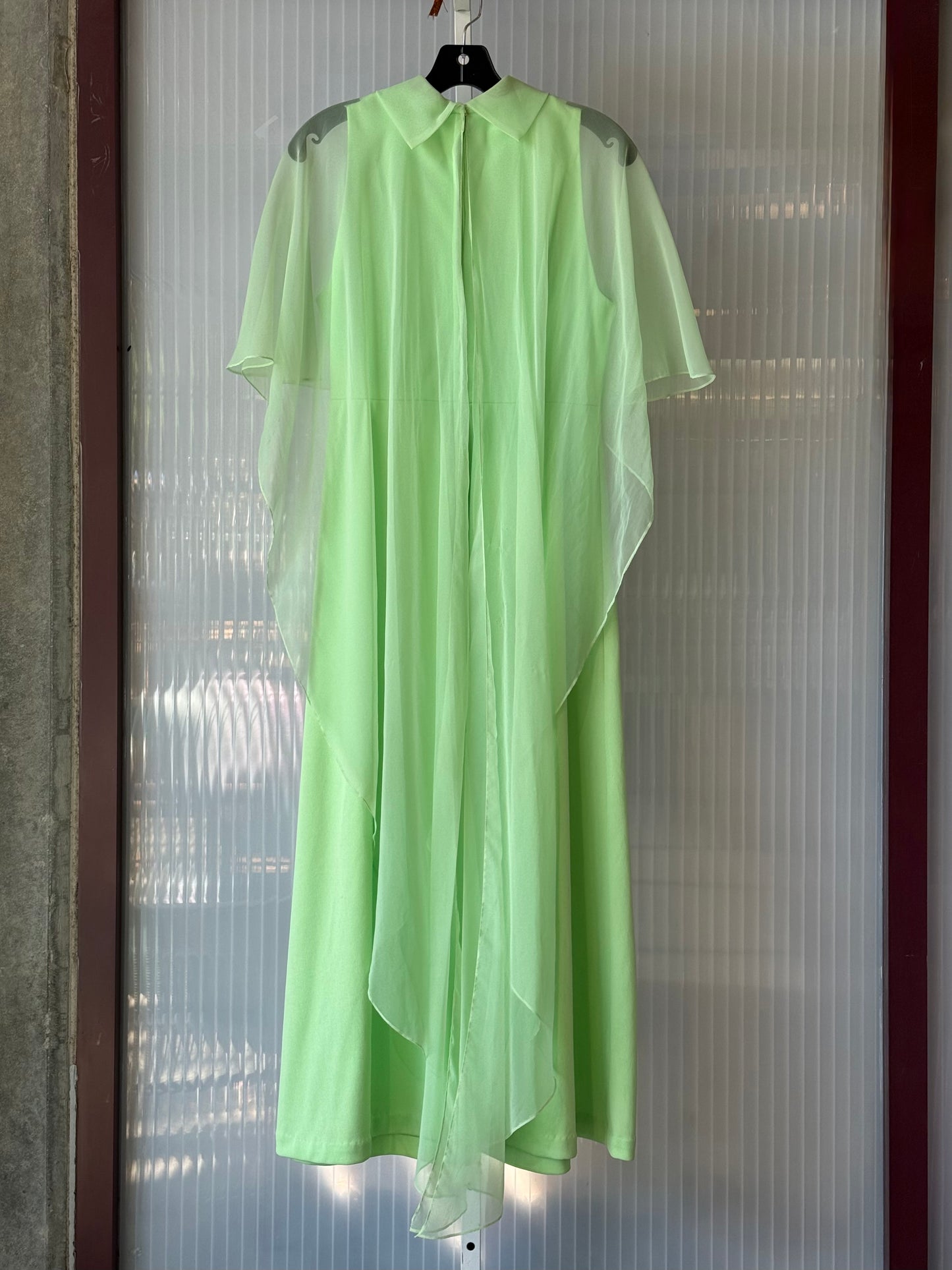 1970s Pistachio Green Gown w/ Sheer Shawl Overlay