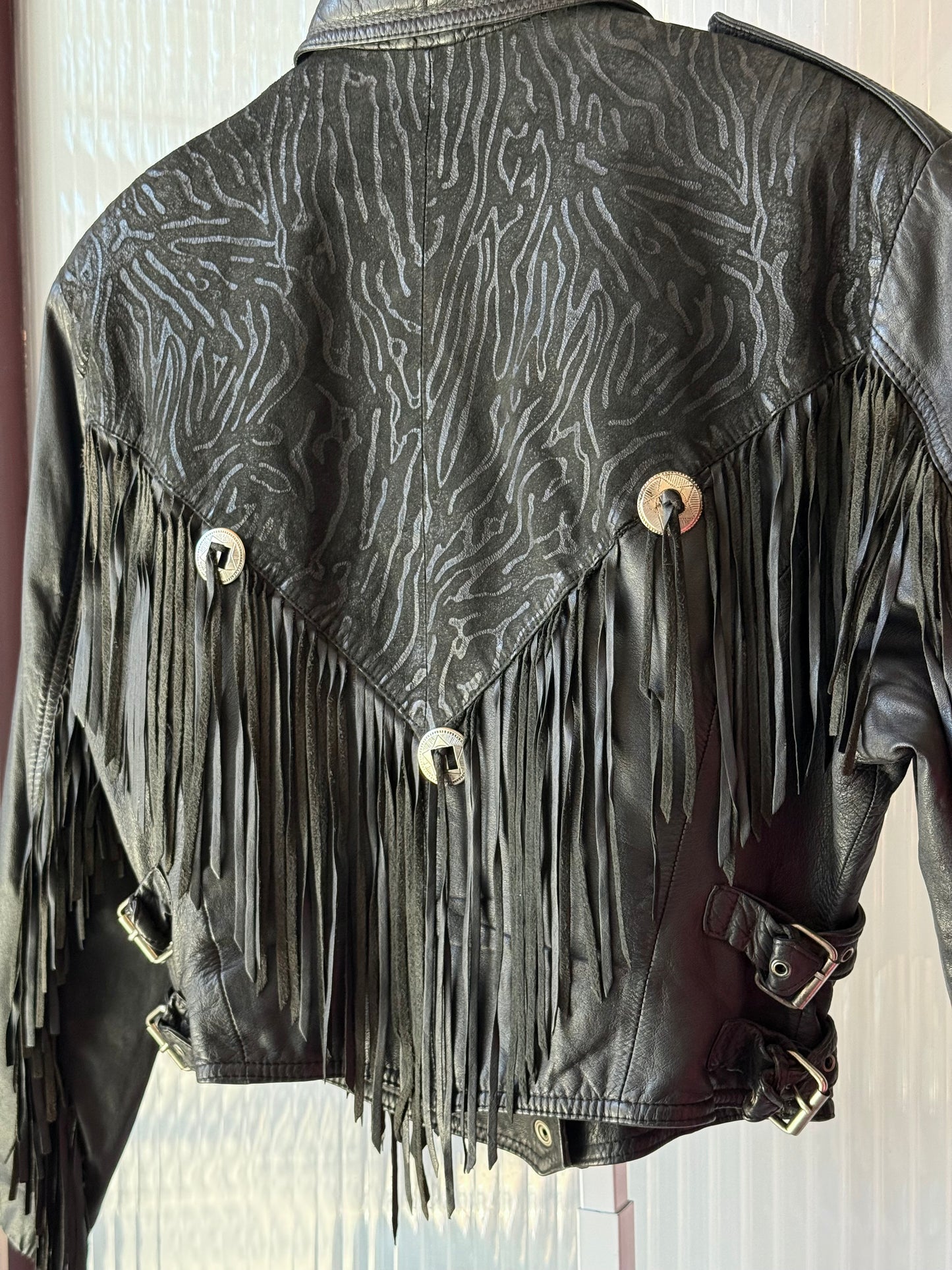 1980s Black Zebra Print Fringe Tapered Leather Jacket
