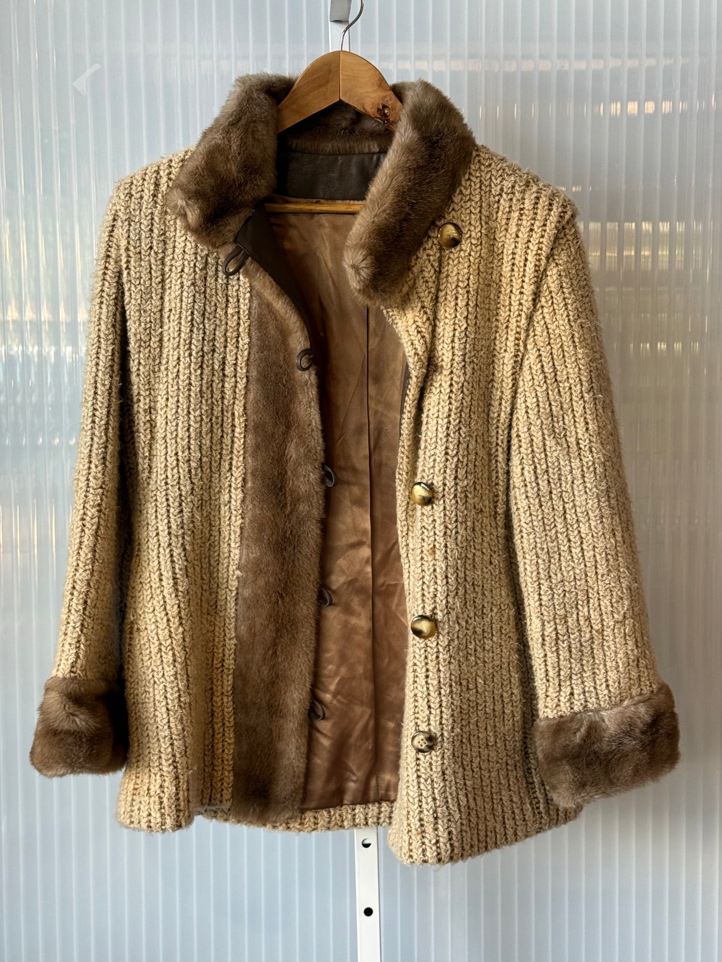1970s Cream Chunky Knit Faux Fur Jacket