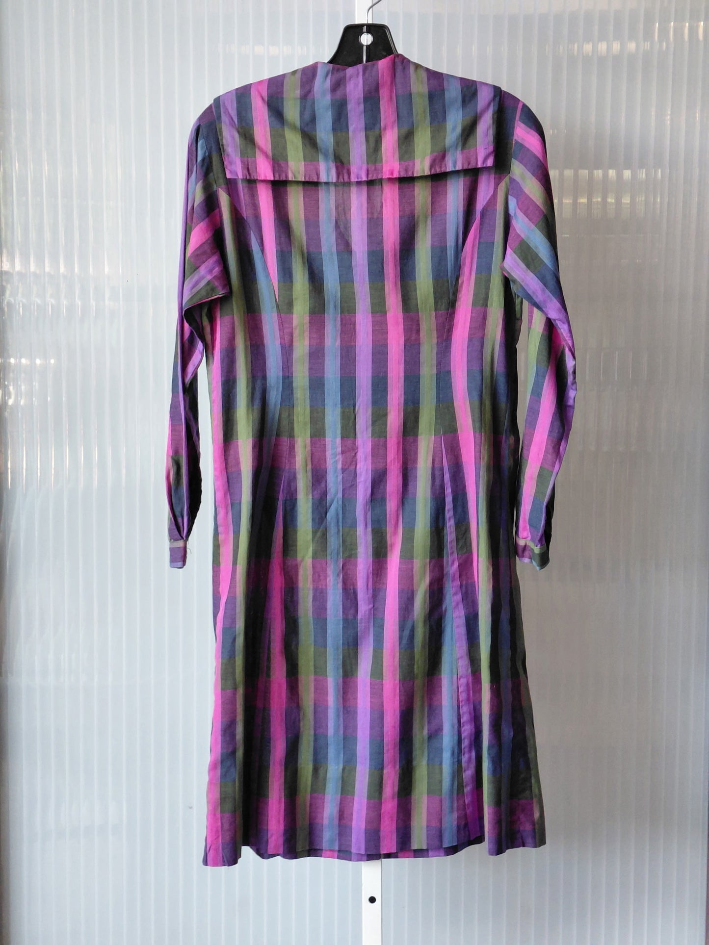 1960s Purple Multicolor Button-Up Tie Neck Striped Sheath Dress