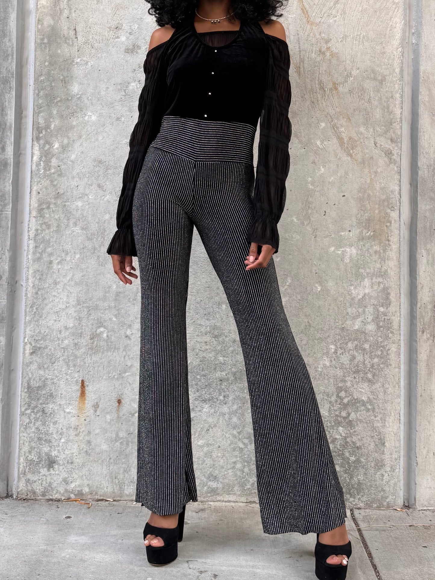 1970s Black Velvet & Silver Pinstripe Disco Jumpsuit