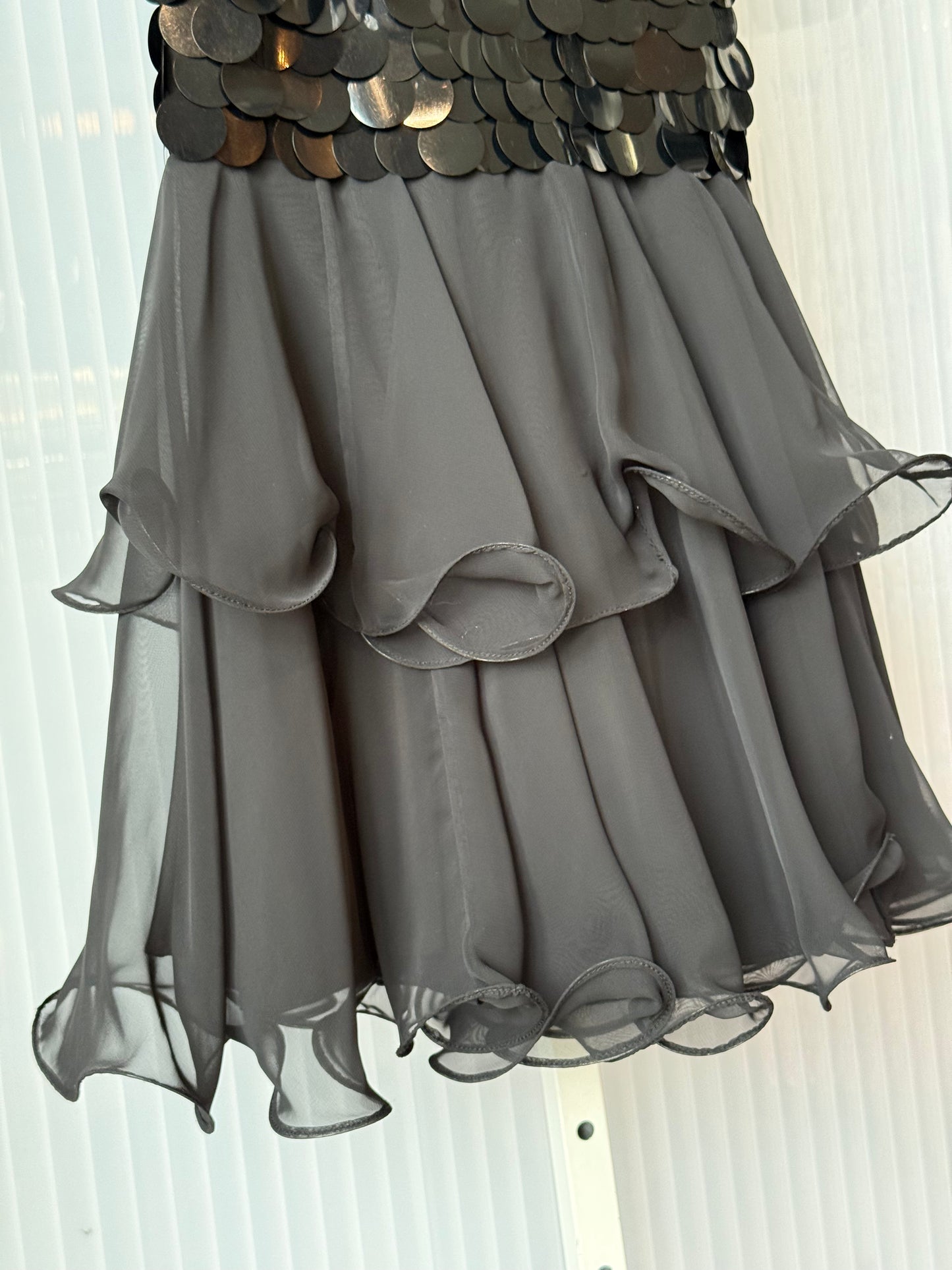1970s Black Paillette & Frills Disco Mod Dress