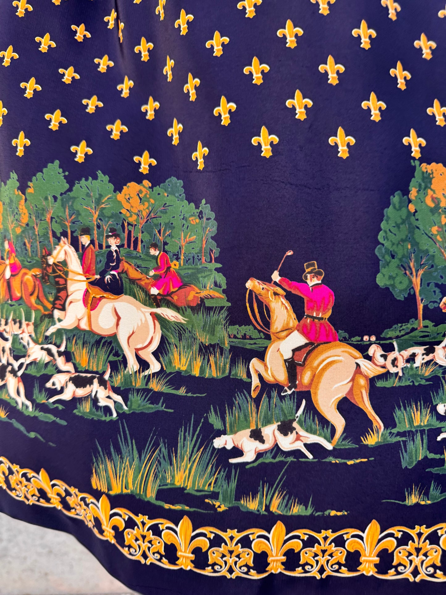 1980s Navy Blue Fox Hunting Print Midi Skirt