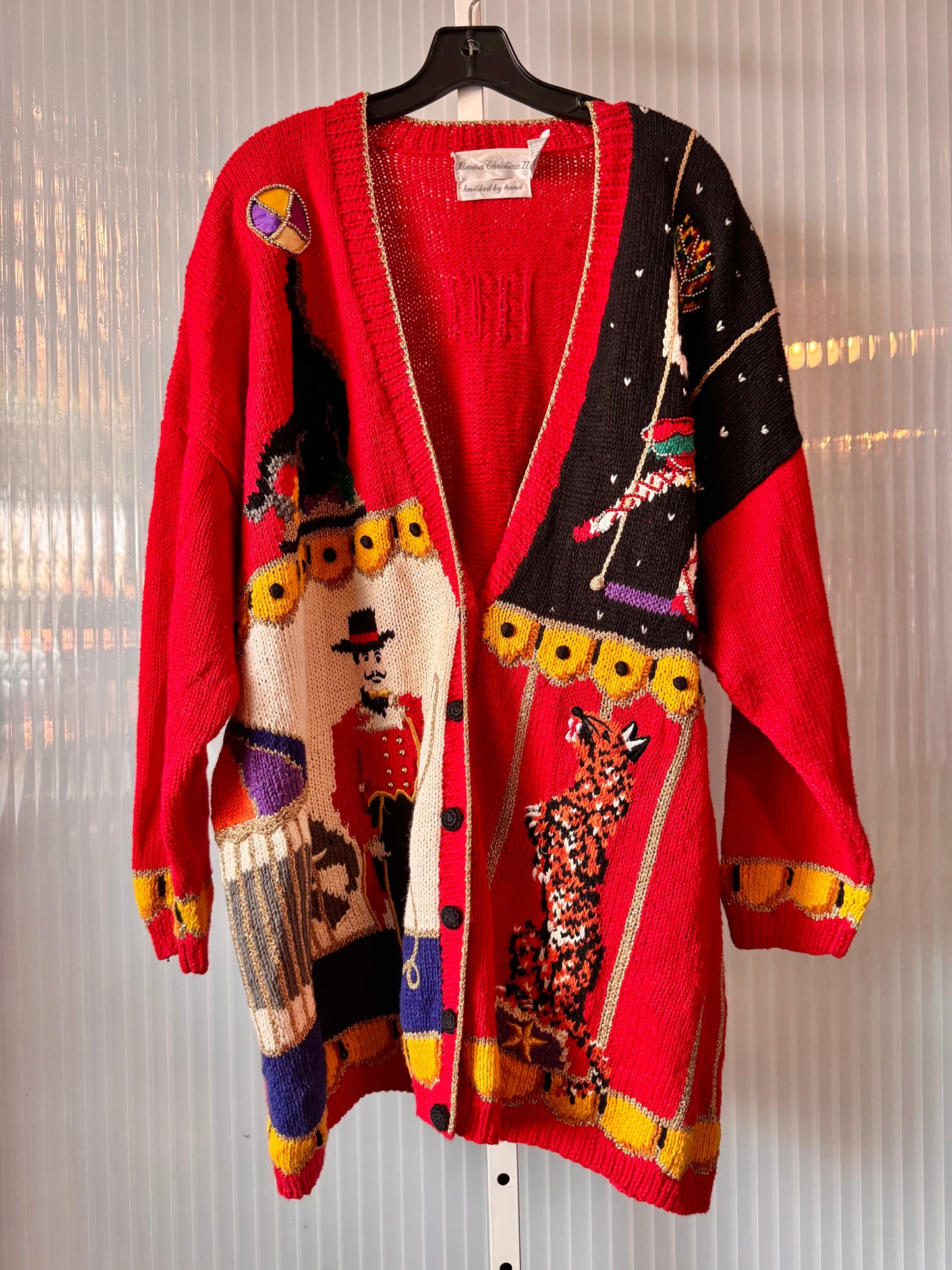 1980s Black & Red Circus Theme Knit Cardigan