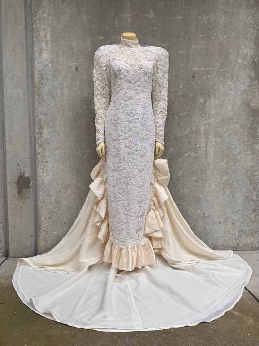 1980s Off-white Floral Lace & Pearl Taffeta Wedding Dress