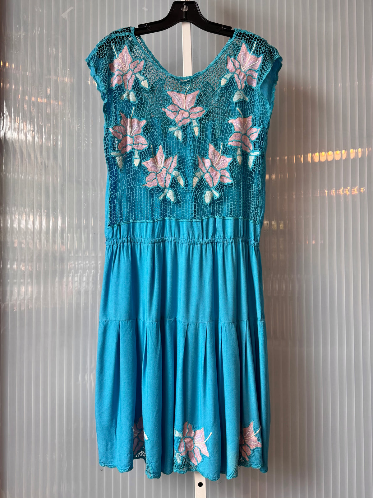 1970s Blue & Pink Floral Embroidered Dress