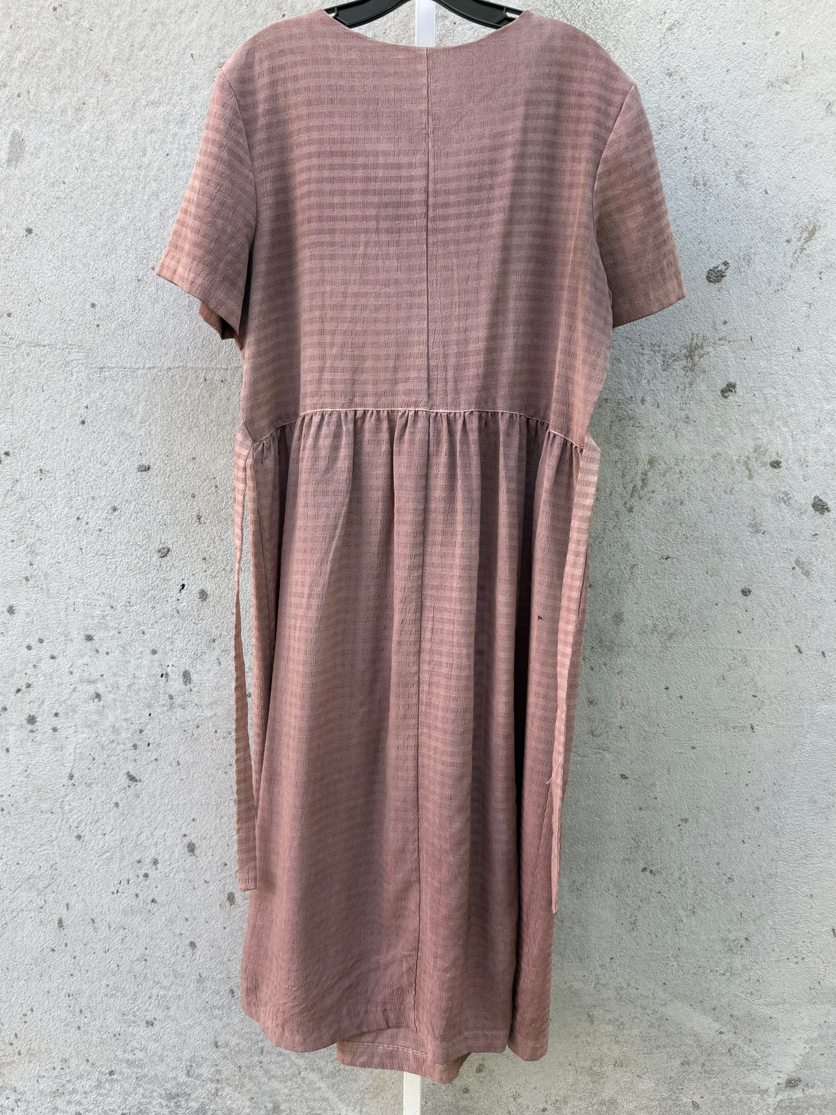 1970s Taupe Striped Pleated Dress with Abalone Buttons