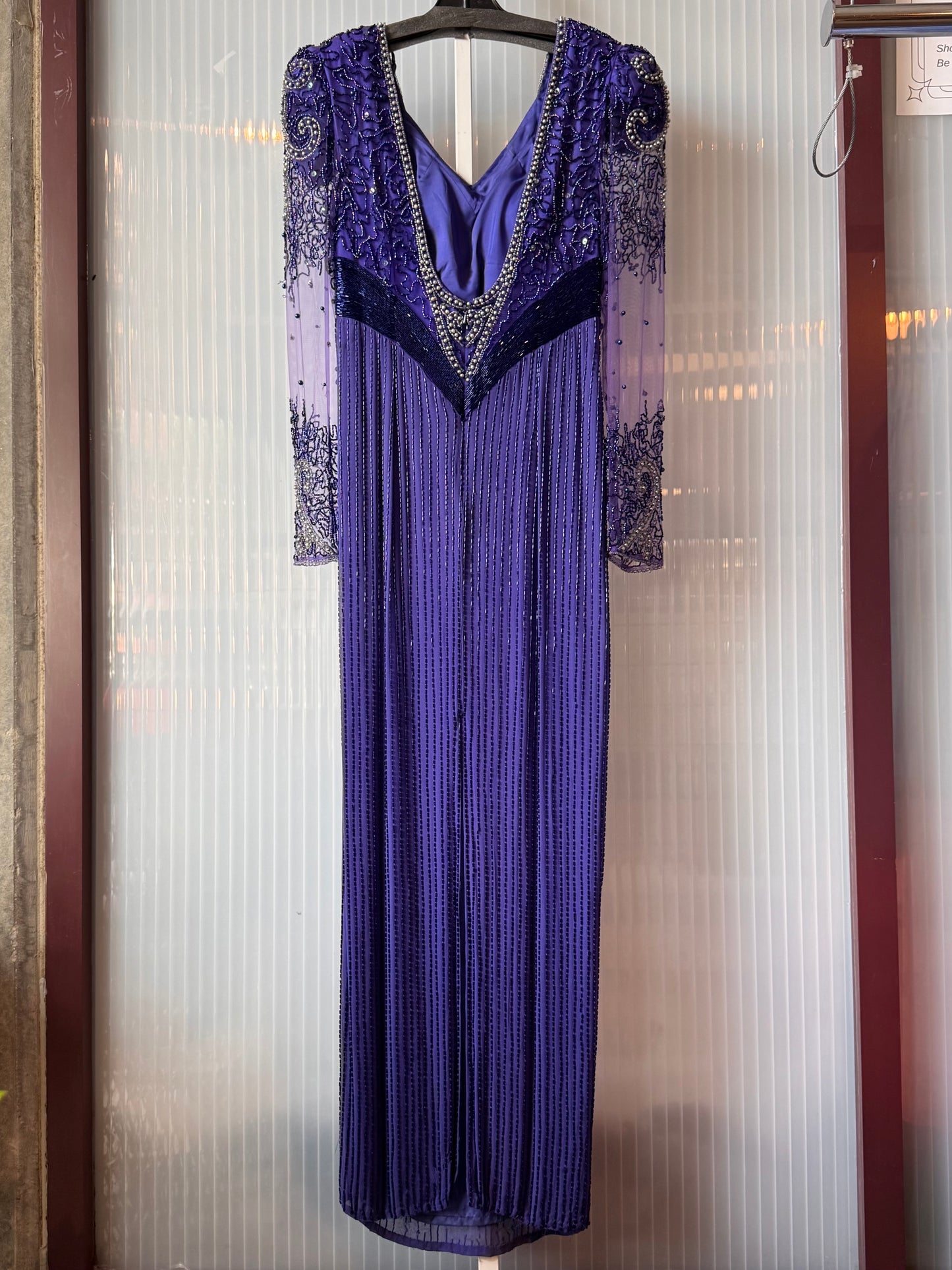 1980s Indigo Purple Sparkly Beaded Formal Gown
