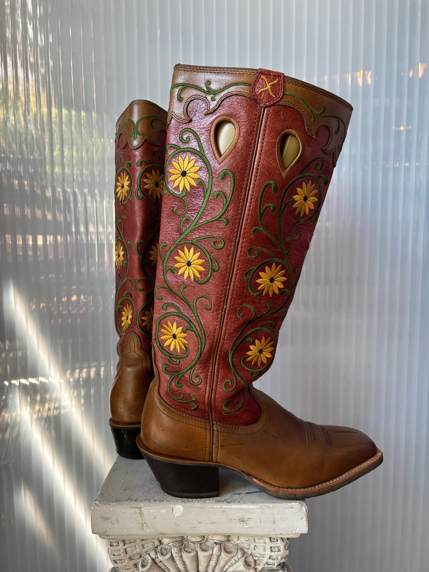 2 Tone Leather Square Toe Embroidered Cowgirl Boots 9B