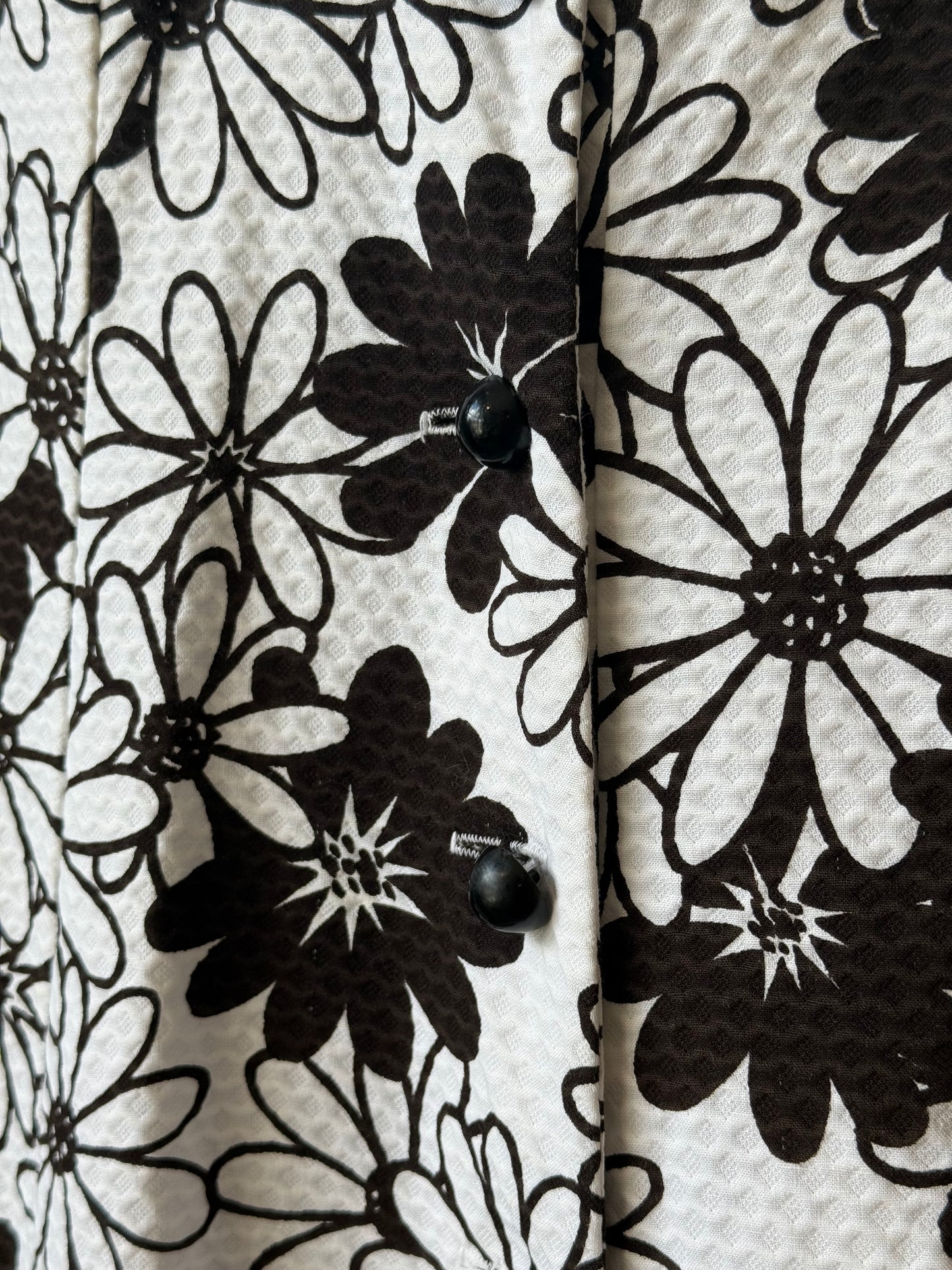 1960s Black & White Flower Power Textured Button-Front Dress