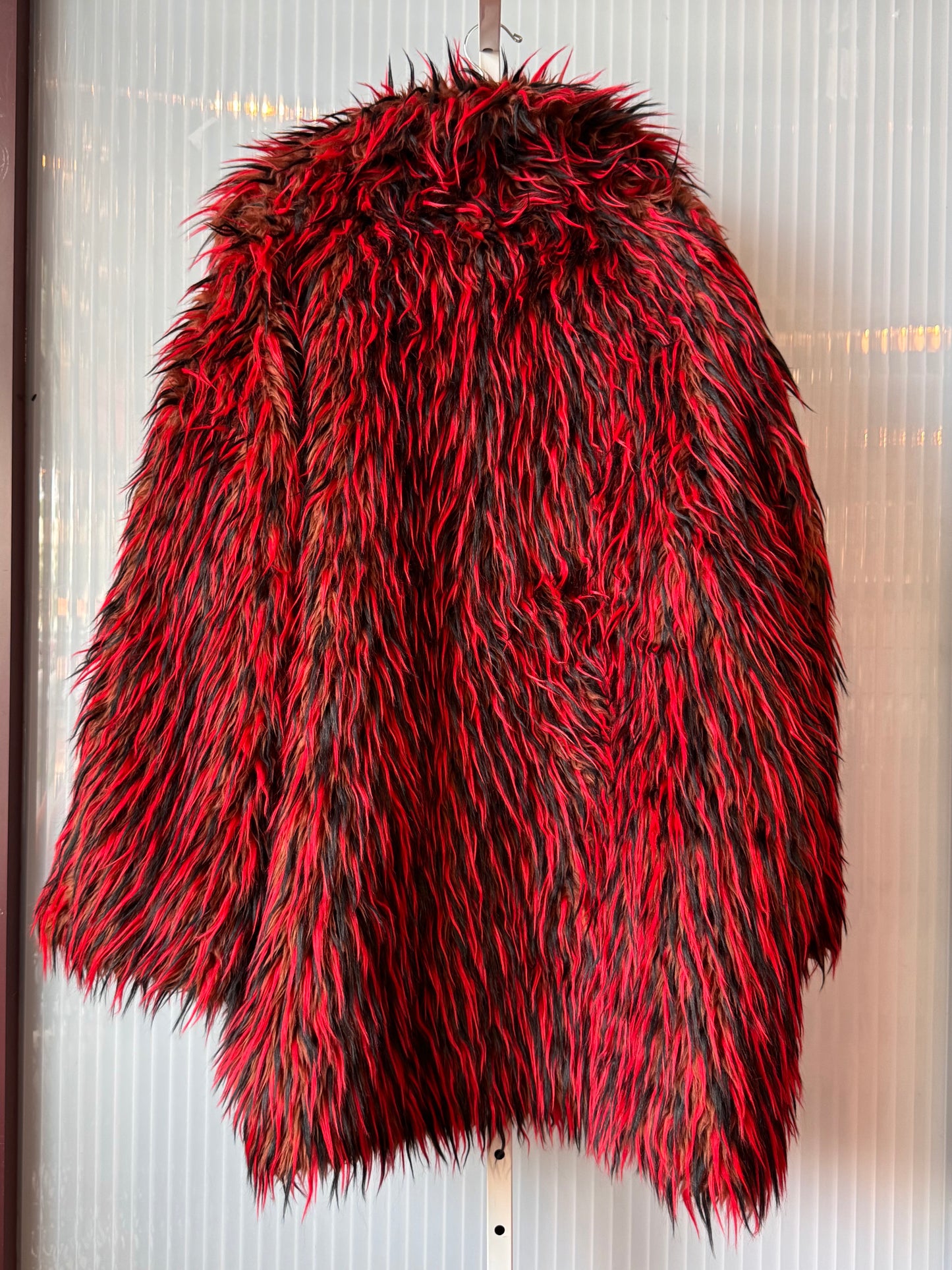 1990s Red Black & Brown Faux Fur Rave Coat