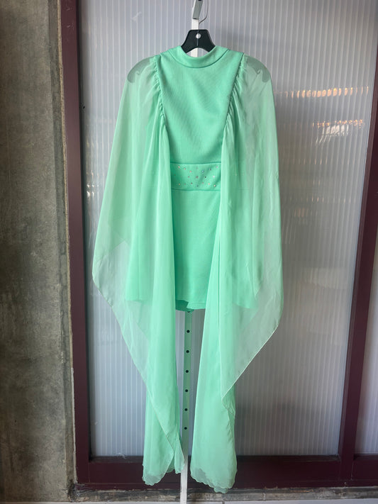 1970s Pistachio Green Mini Dress w/ Flowing Sleeves