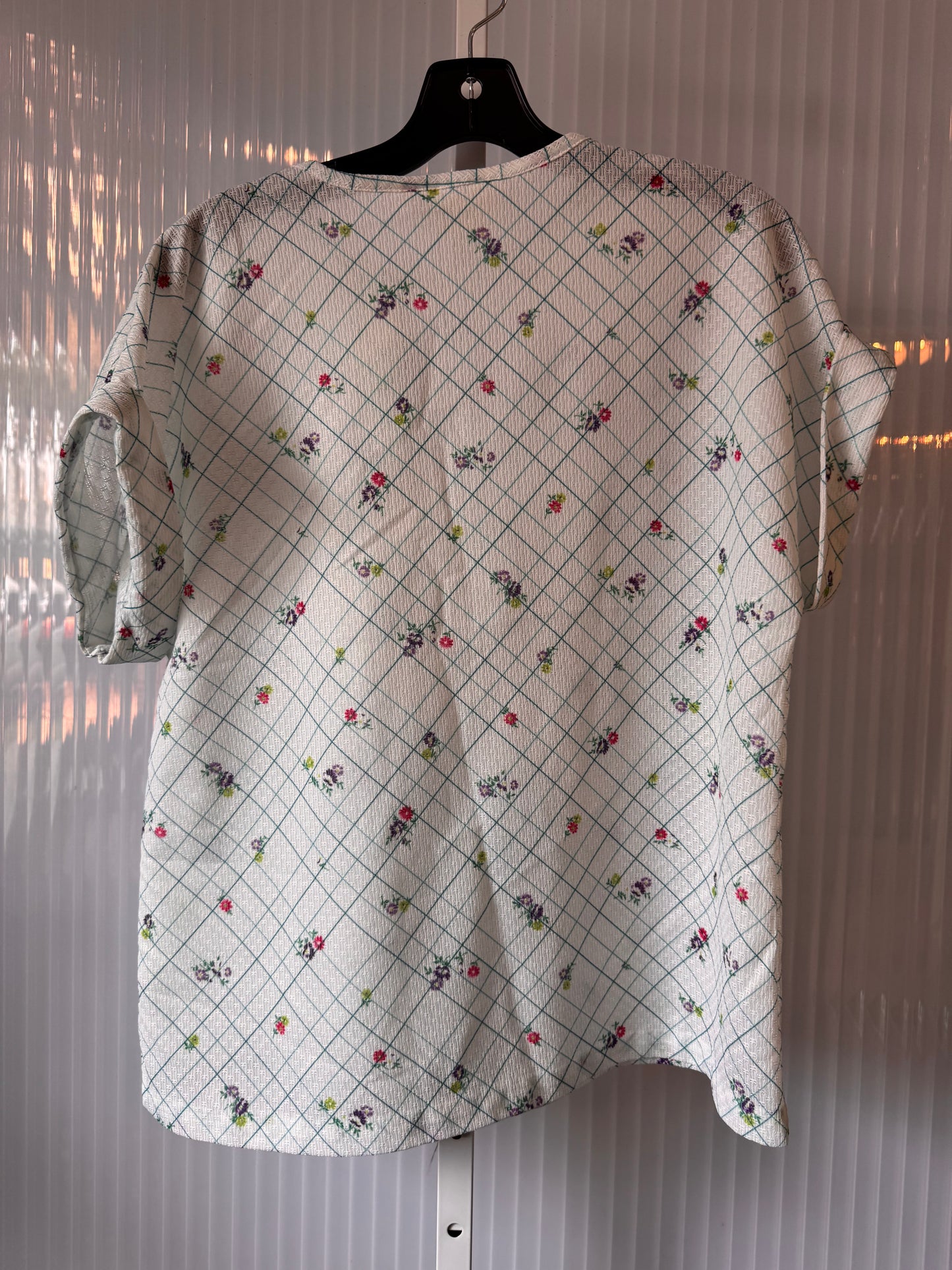 1980s White & Teal Floral Windowpane Blouse