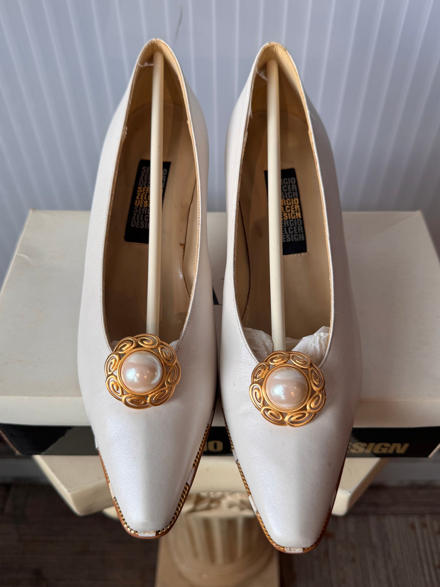 1980s White Leather Heels with Gold Shoe Clips