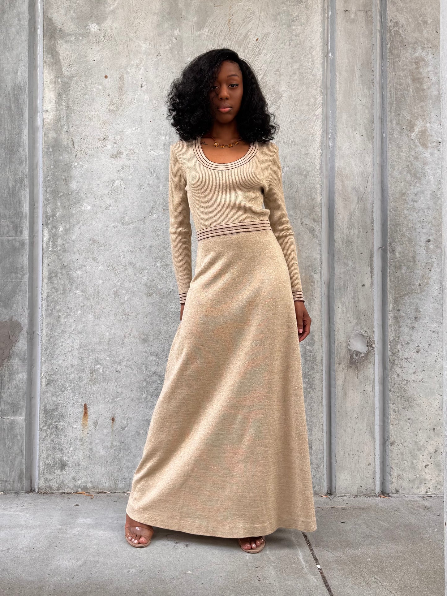 1970s Gold Sparkle Floor Length Knit Dress