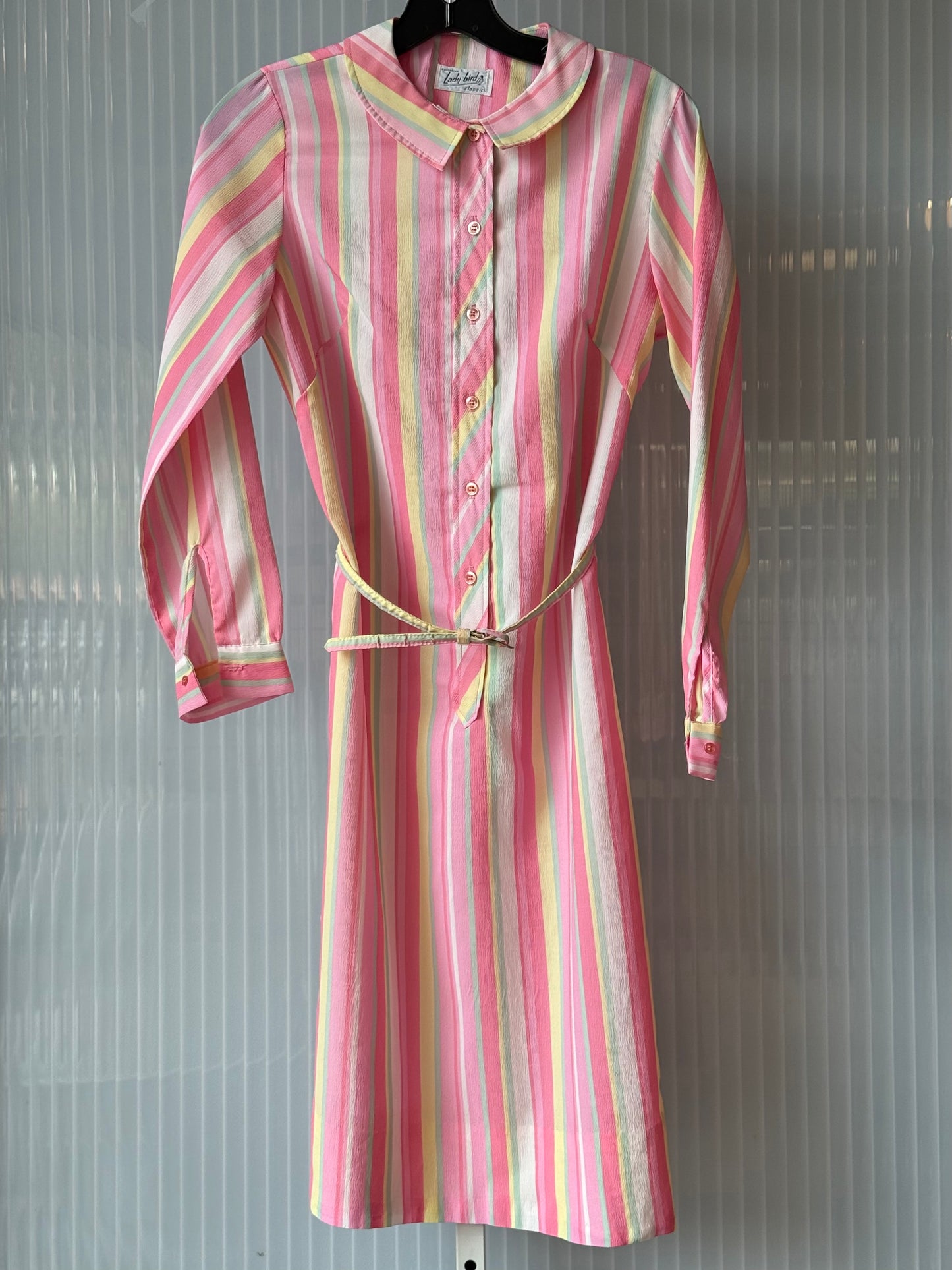 1960s Pastel Mod Striped Crepe 3/4 Button-Up Shift Dress