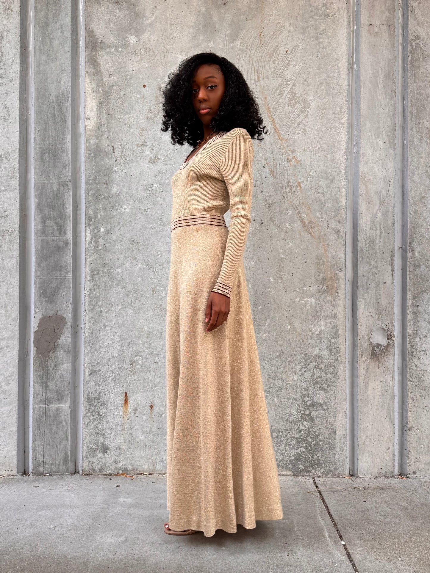 1970s Gold Sparkle Floor Length Knit Dress