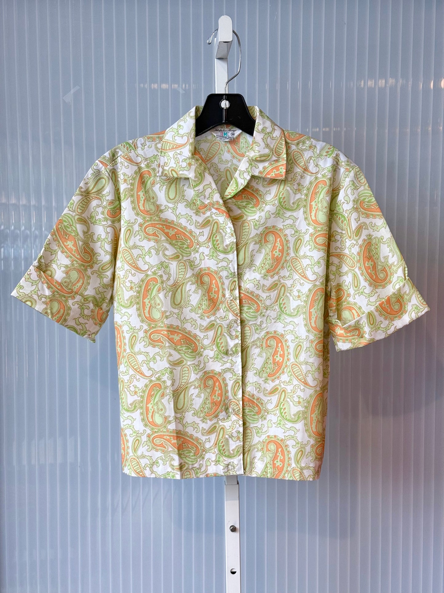 1970s Green & Orange Paisley Short Sleeve Collared Shirt