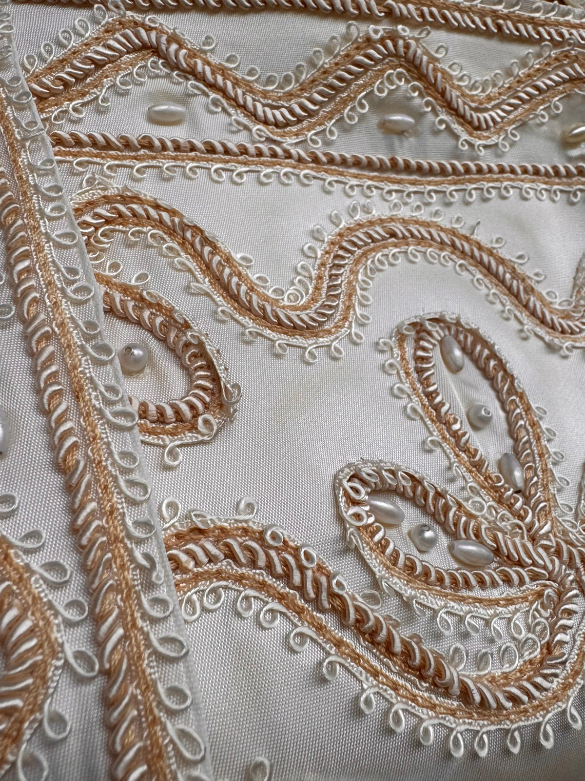 1970s Cream Wedding Dress with Tan Embroidery