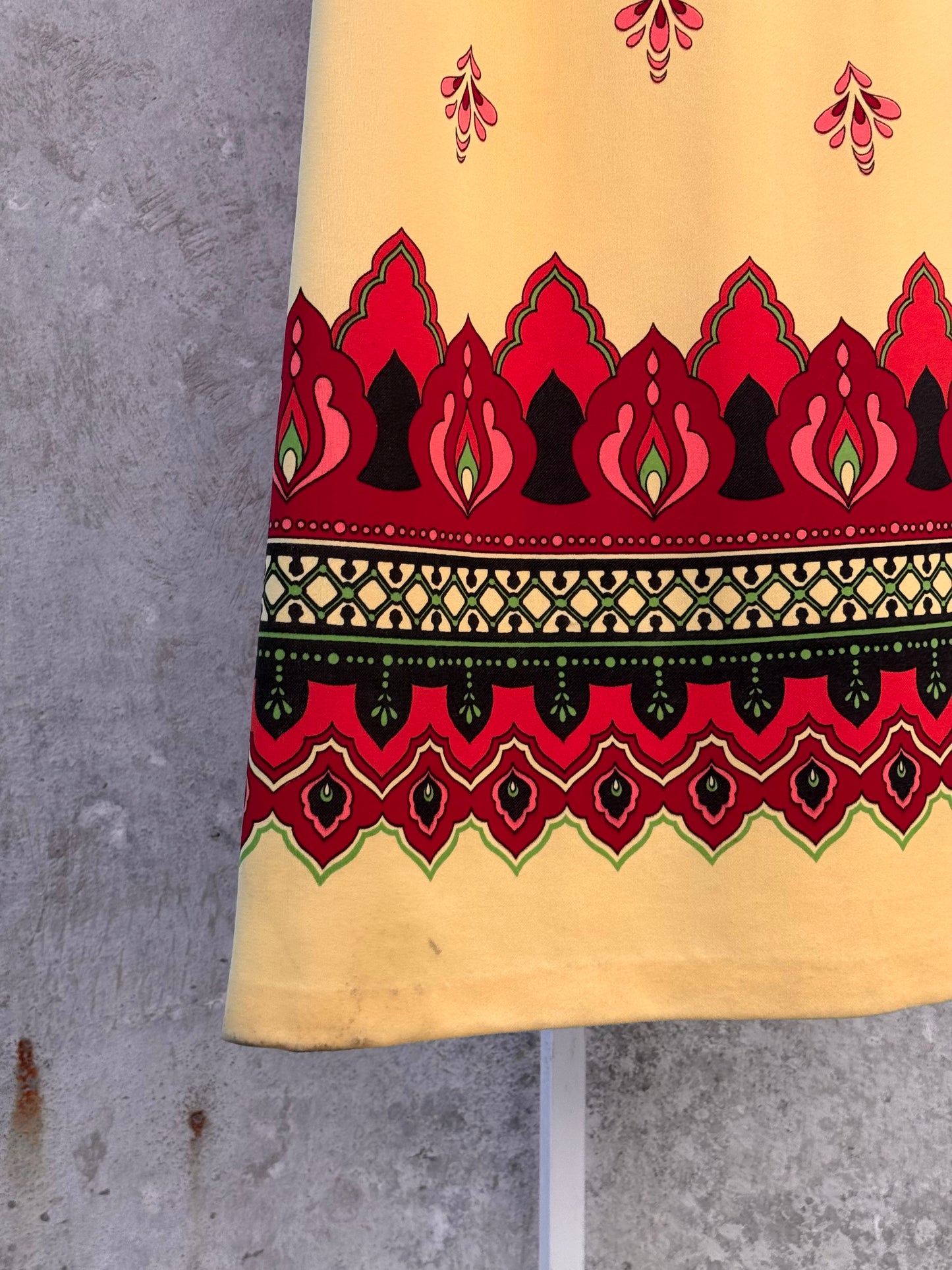 1970s Yellow Maxi Dress w/ Ornate Droplet Print